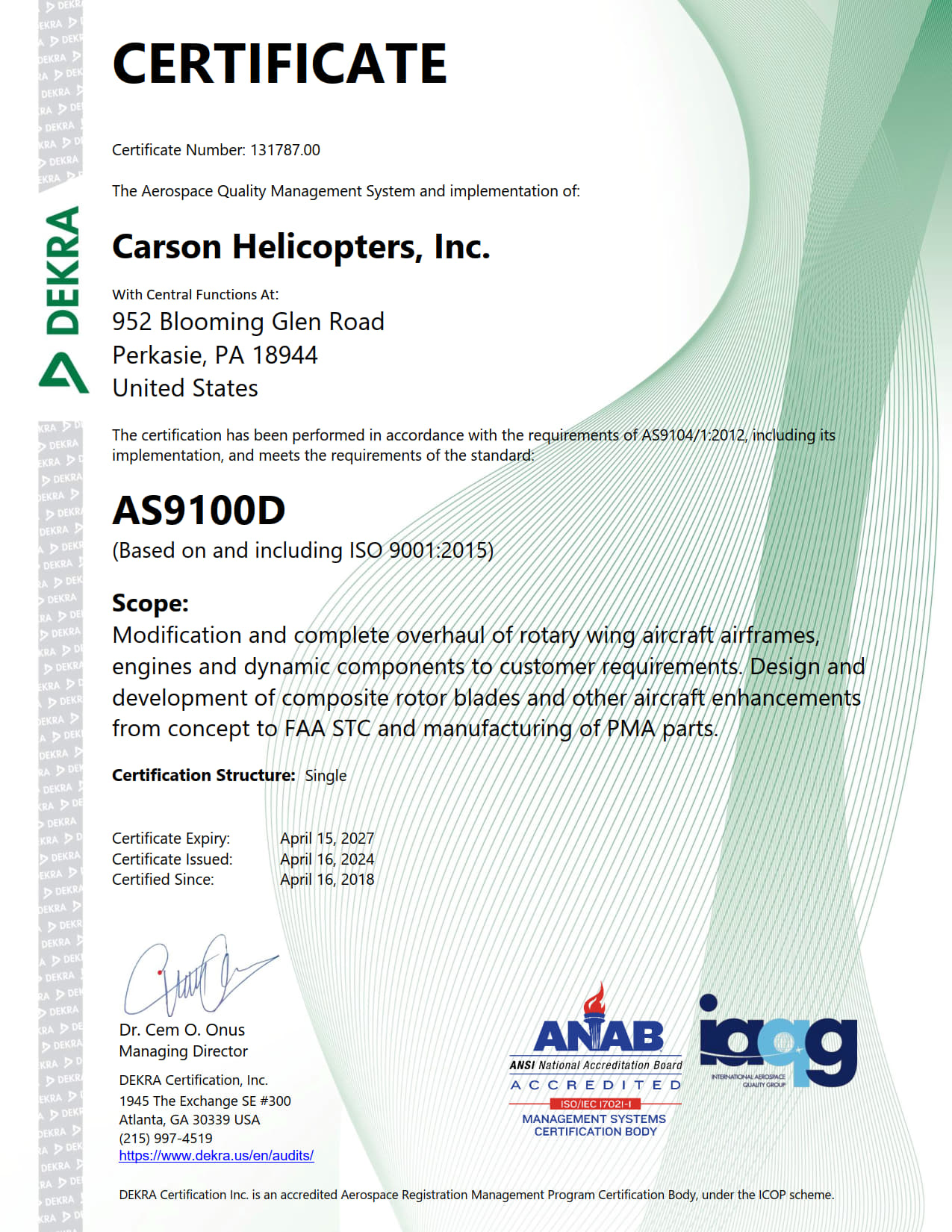 DEKRA AS9100D Certificate &mdash; Carson Helicopters