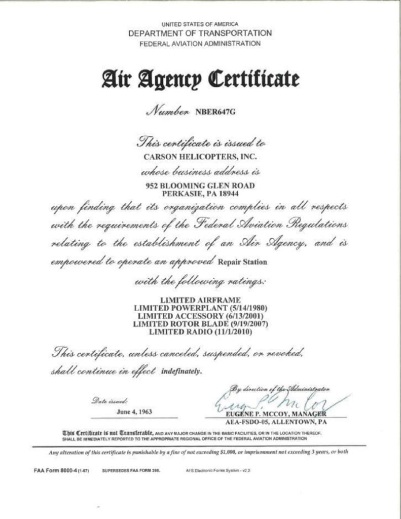 FAA Air Agency Certificate &mdash; Carson Helicopters Repair Station NBER647G