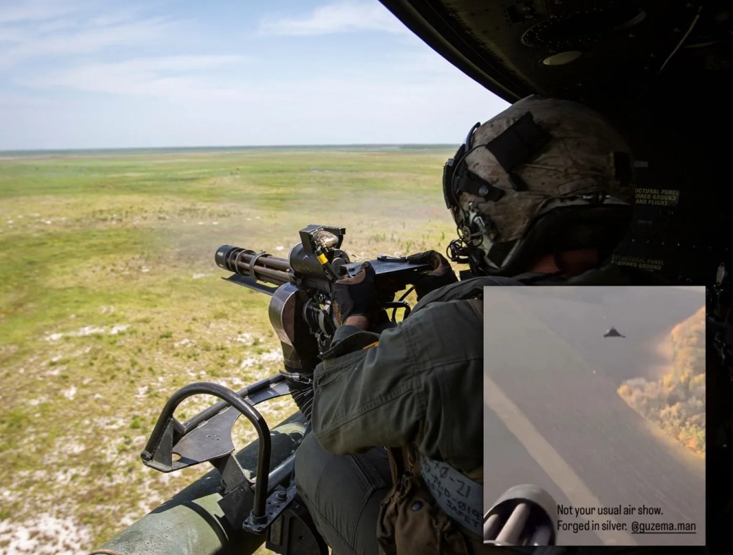 Helicopter-mounted minigun anti-drone engagement
